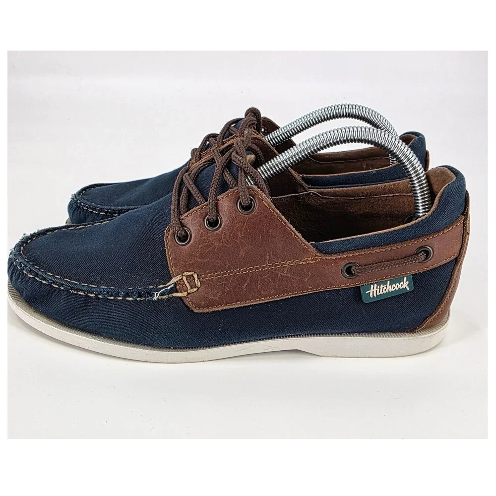 HITCHCOCK WIDE BOAT SHOES MENS SIZE 7 3E NAVY BLUE BROWN LEATHER CANVAS LACE UP